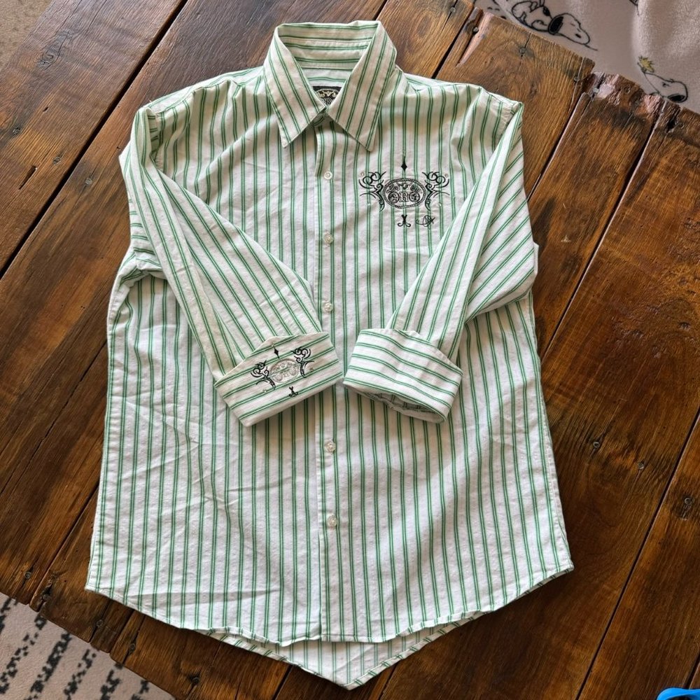 Dos De Oro Men's‎ Cowboy Shirt Embroidered Studded White/Green Pinstripe